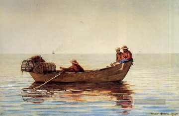  Marinemaler Malerei - Drei Jungen in einem Dory mit Hummer Töpfe Realismus Marinemaler Winslow Homer